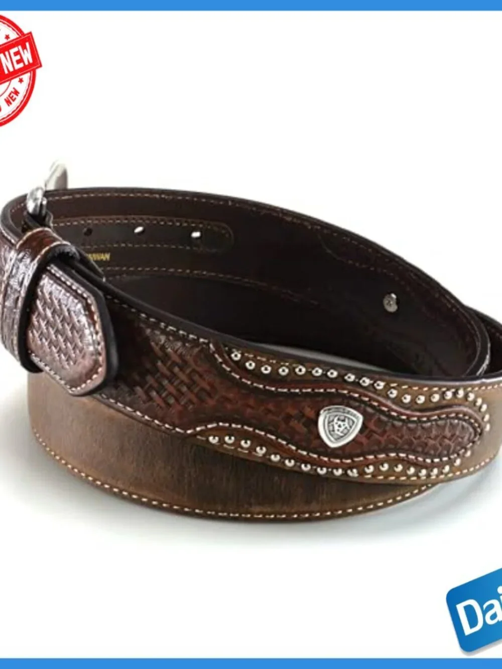 Men's Western Leather Belt with Basketweave Design and Nailhead Accents